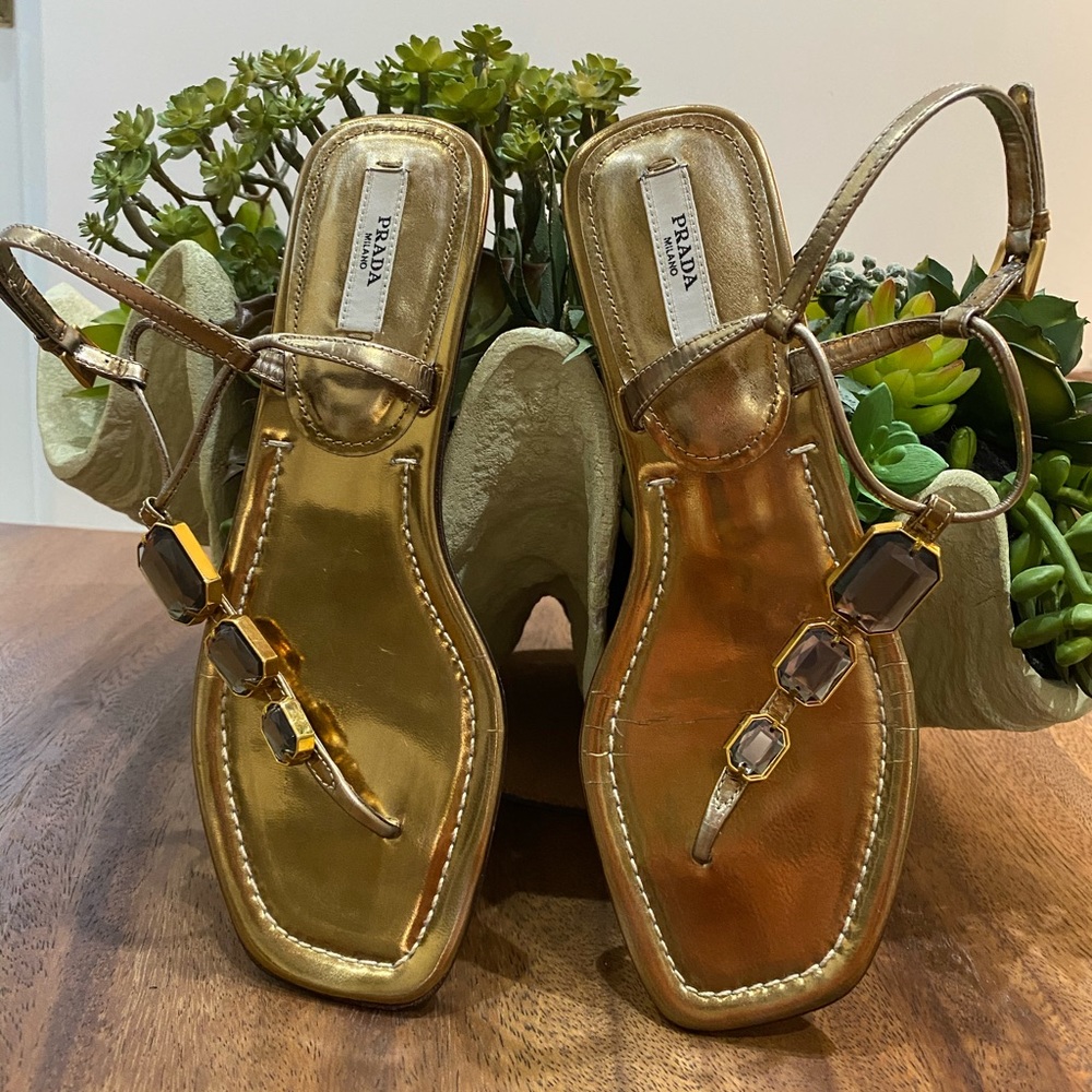 Prada Gold Metallic Jeweled Thong Sandals